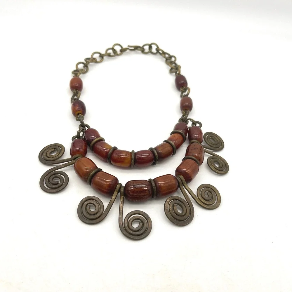 Vintage Phenolic Bakelite Brass Spiral Bib‎ Statement Necklace Tribal
